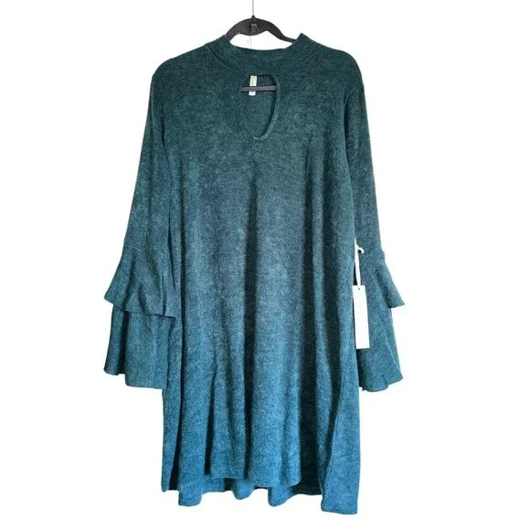 Teal Bell Sleeve Knee Length Dress Size Keyhole Sweater Dress - Picture 1 of 7